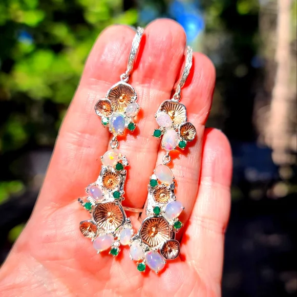 STUNNING Opal & Green Onyx floral chandelier sterling &gold dramatic earrings - Picture 1 of 8